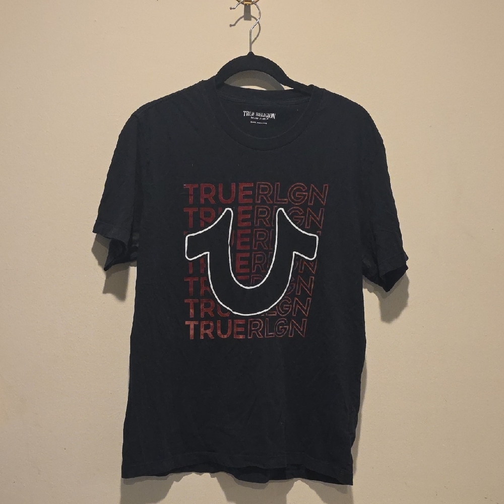 True Religion Black Tee with White Horseshoe and Red Logo